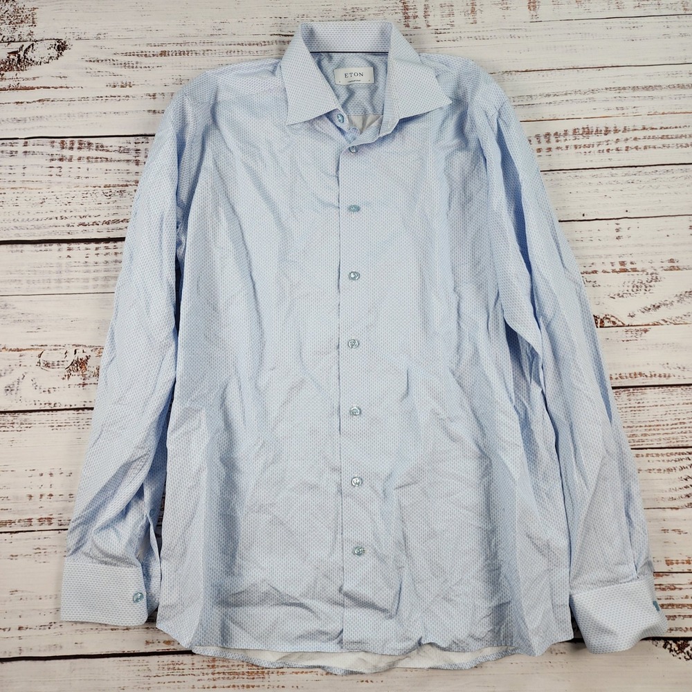 Eton Contemporary Fit Dress Shirt Mens 17 43 Light Blue Geometric Poplin Cotton